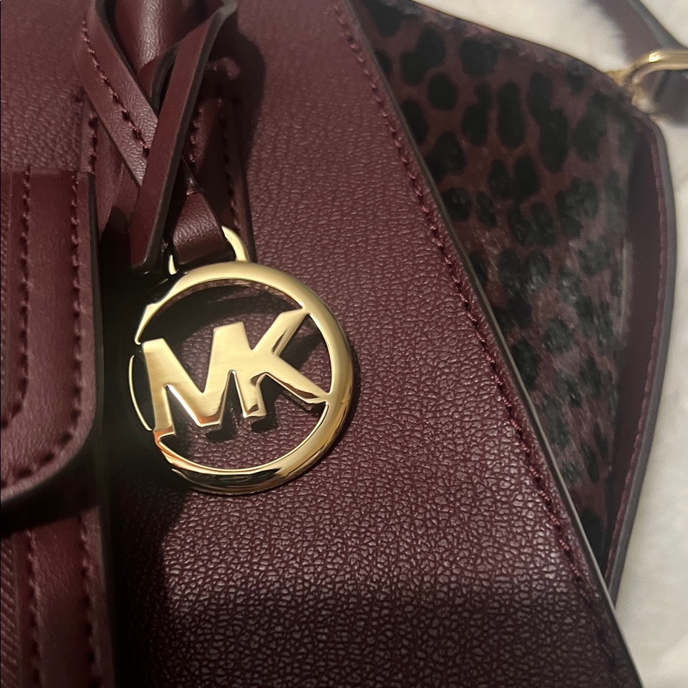 Michael Kors Cheetah Print Maroon and Black Satchel & Crossbody Option & Wallet